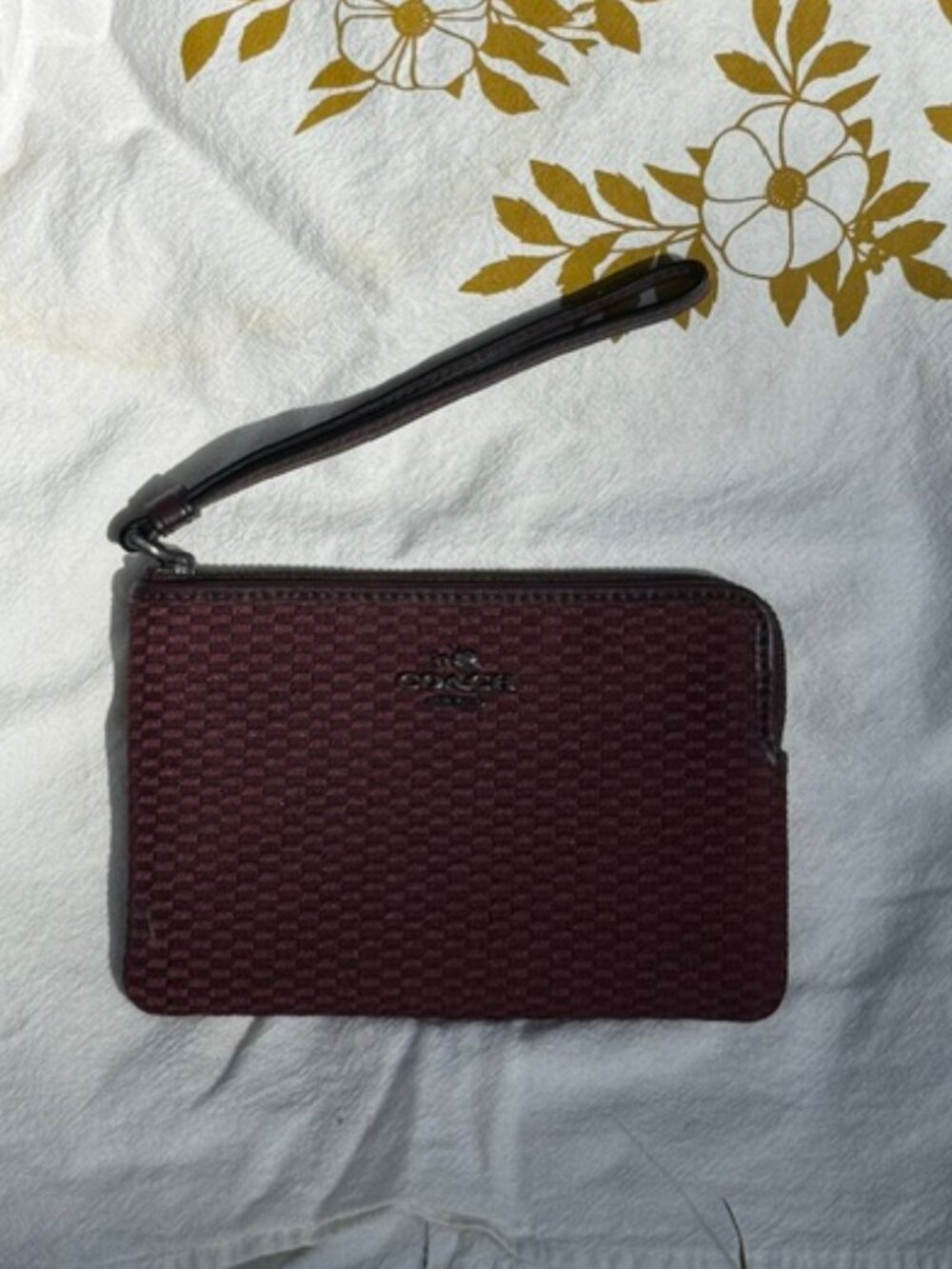 Burgundy and Brown Fabric Coach Wristlet